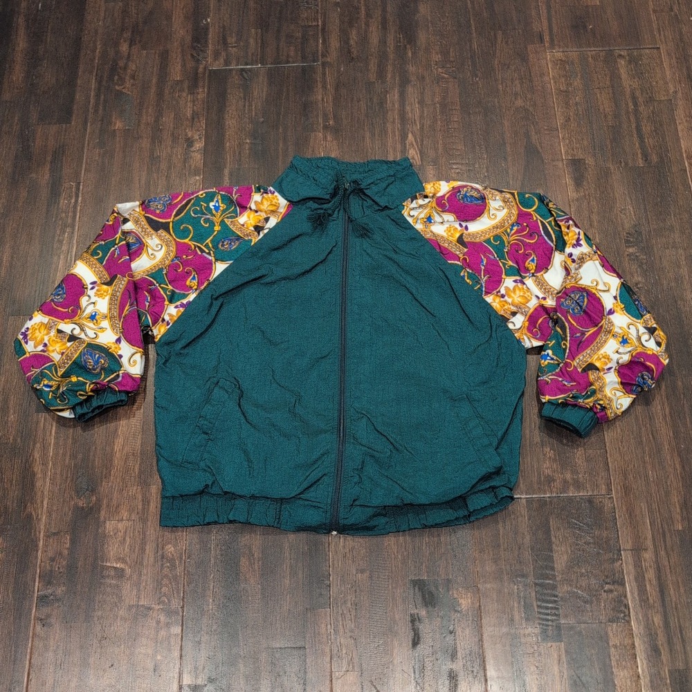 Vintage b.i. Gear Sport Windbreaker Teal Purple Gold Chain Print Jacket Adult S‎
